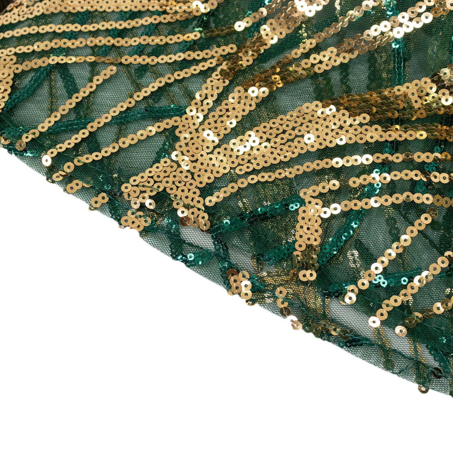 Hunter green wave mesh pedestal stand cover with embroidered sequins.