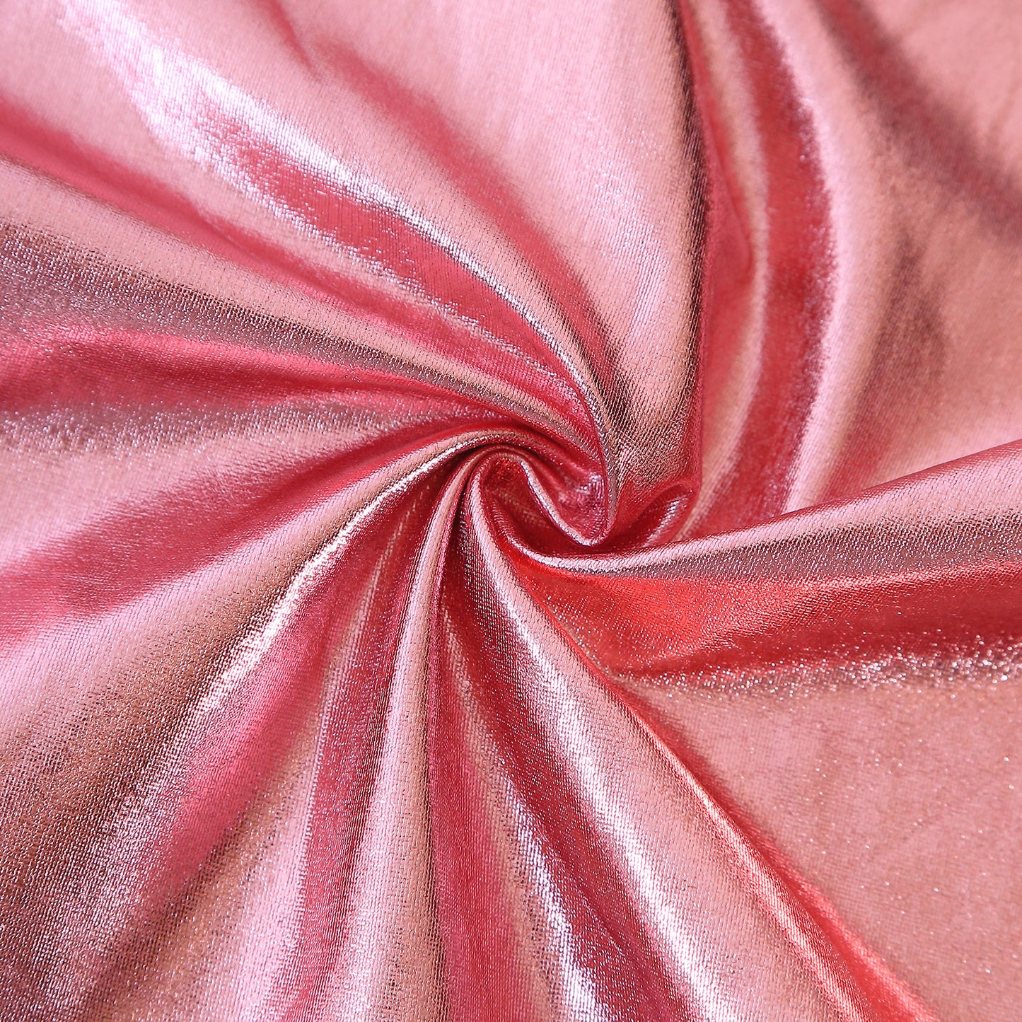 Metallic rose gold spandex fabric with shiny stretchable texture.