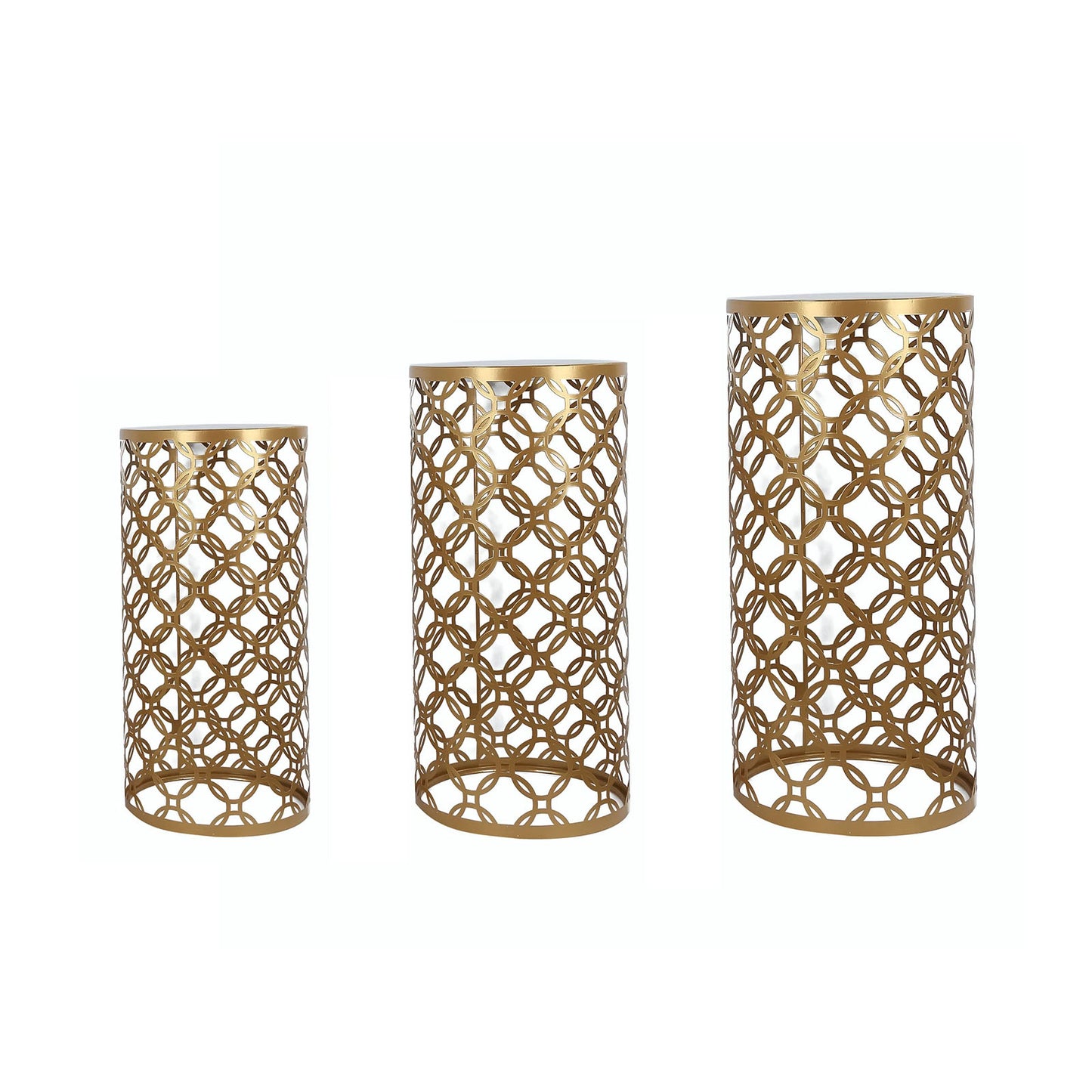 Gold metal cylinder pillar cake display stands in hollow overlapping circles pattern. #whtbkgd