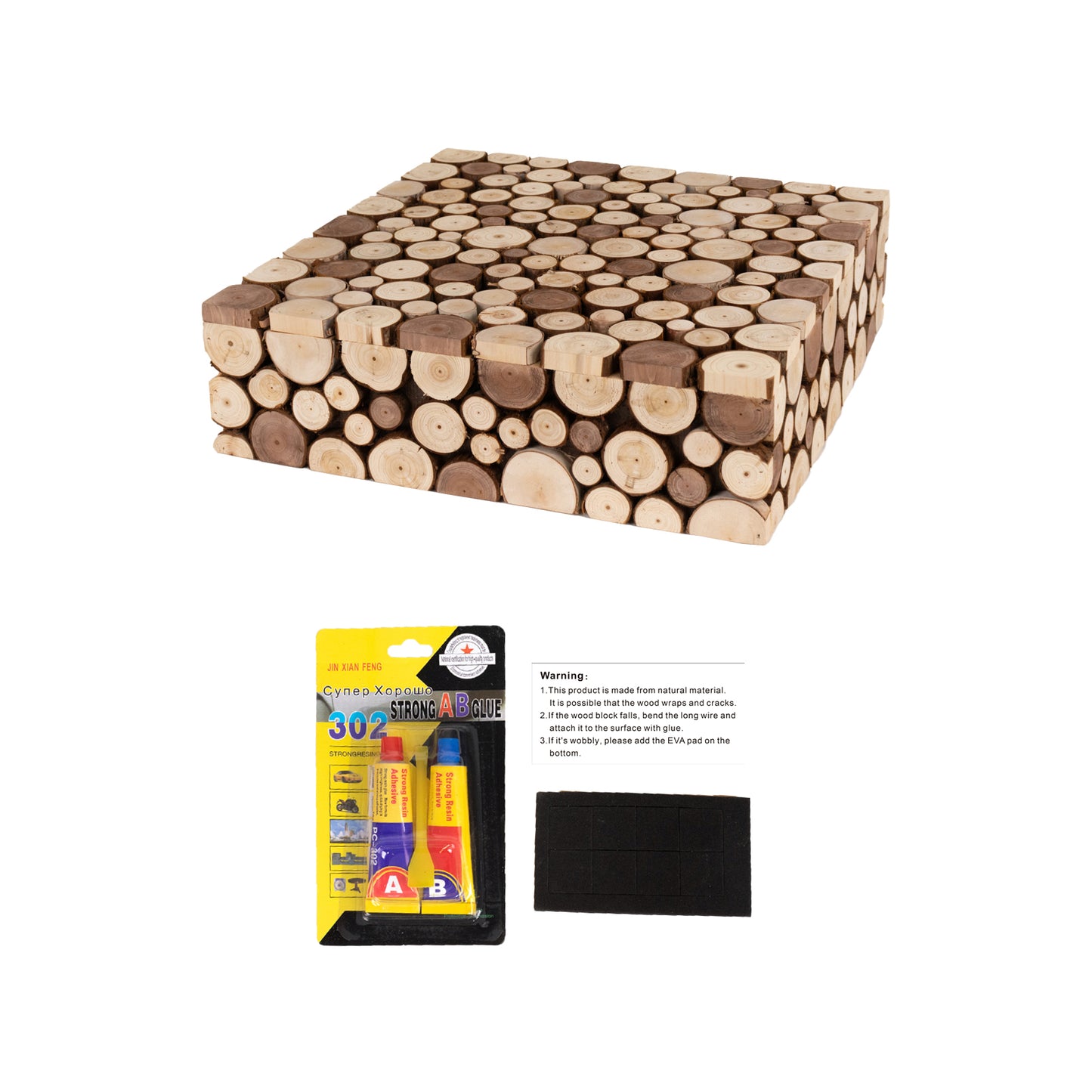 Natural Wooden Slices Square Display Box Pedestal Riser, Rustic Farmhouse Cake Dessert Plant Stand with Hollow Bottom - 18"x18"