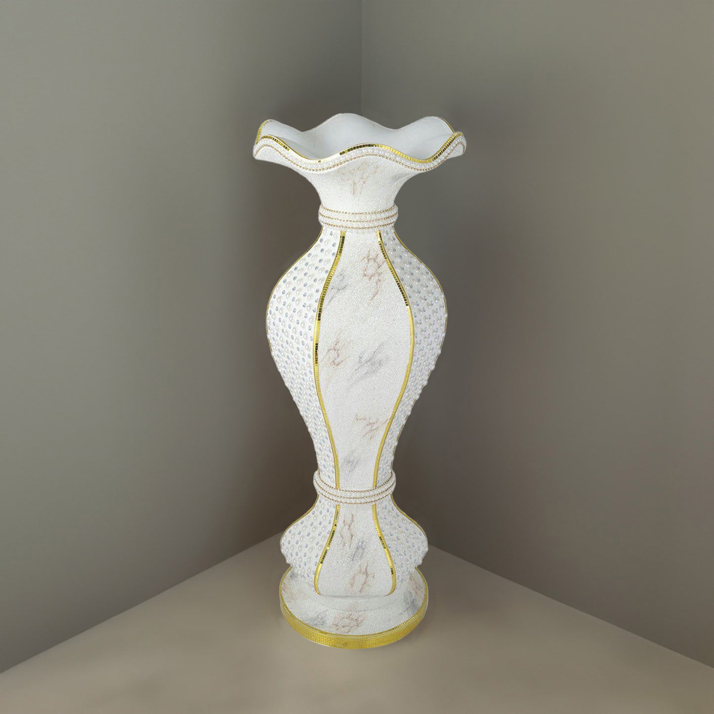 Shimmering gold glittered marble flower pot vase with pearls and mirror mosaic.
