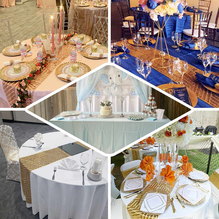 Rose gold sequin table runner for elegant party decor.