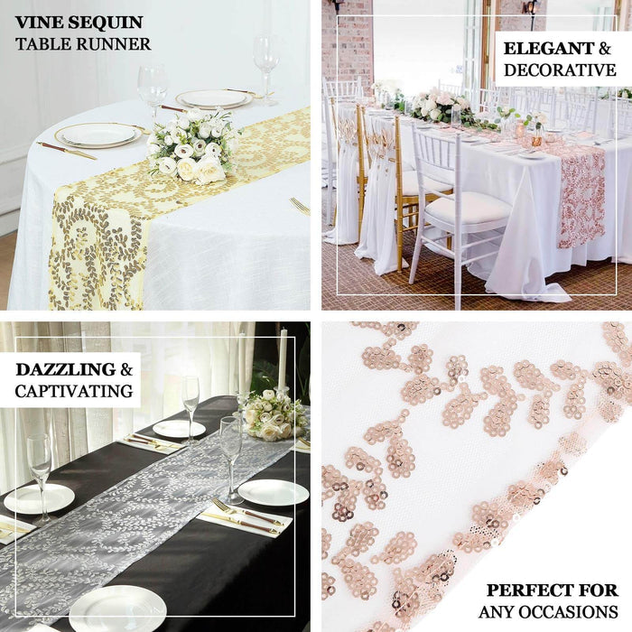 Sparkly silver leaf vine sequin tulle table runner on elegant tables.