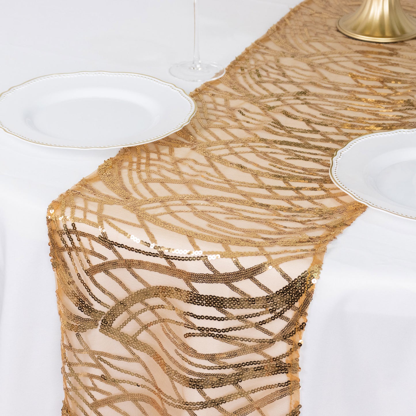 12"x108" Gold Wave Embroidered Sequins Table Runner
