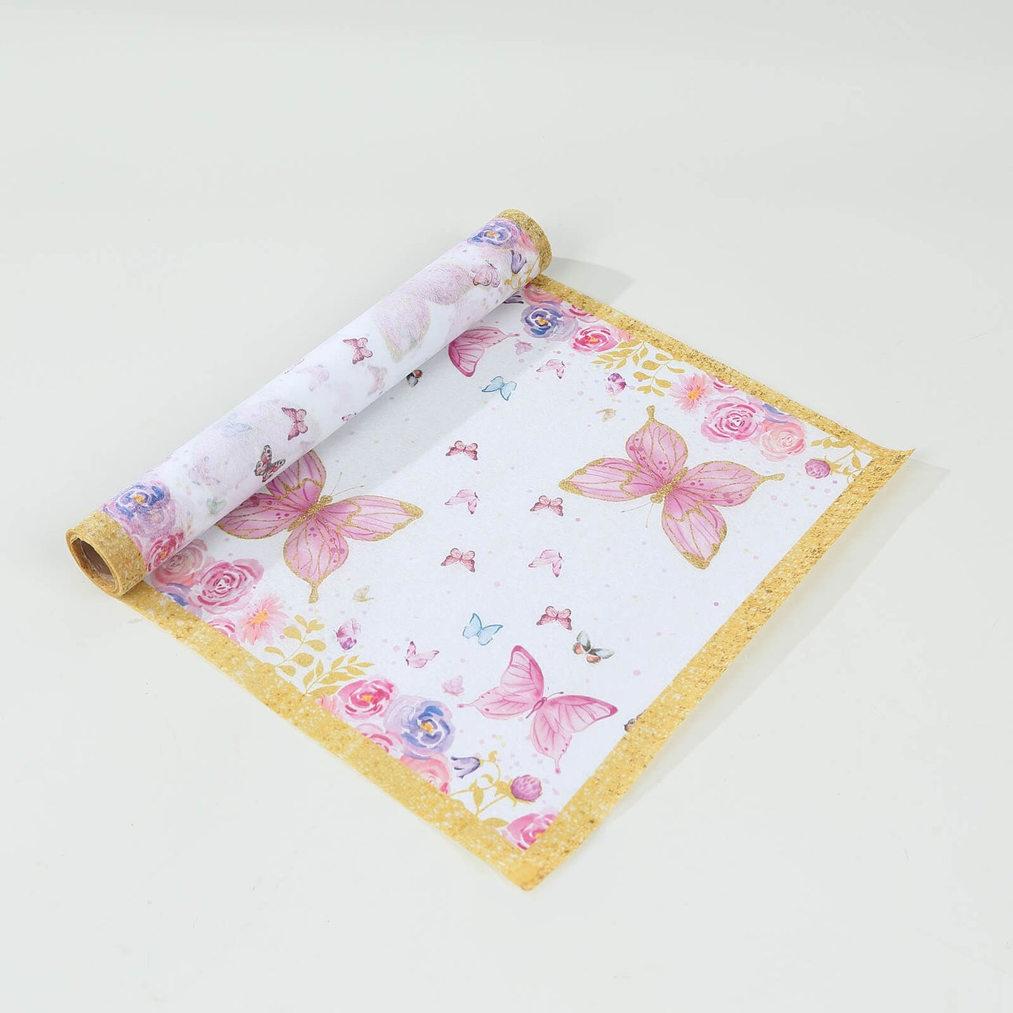 White table runner with pink butterflies, perfect for spring and summer dining decor.