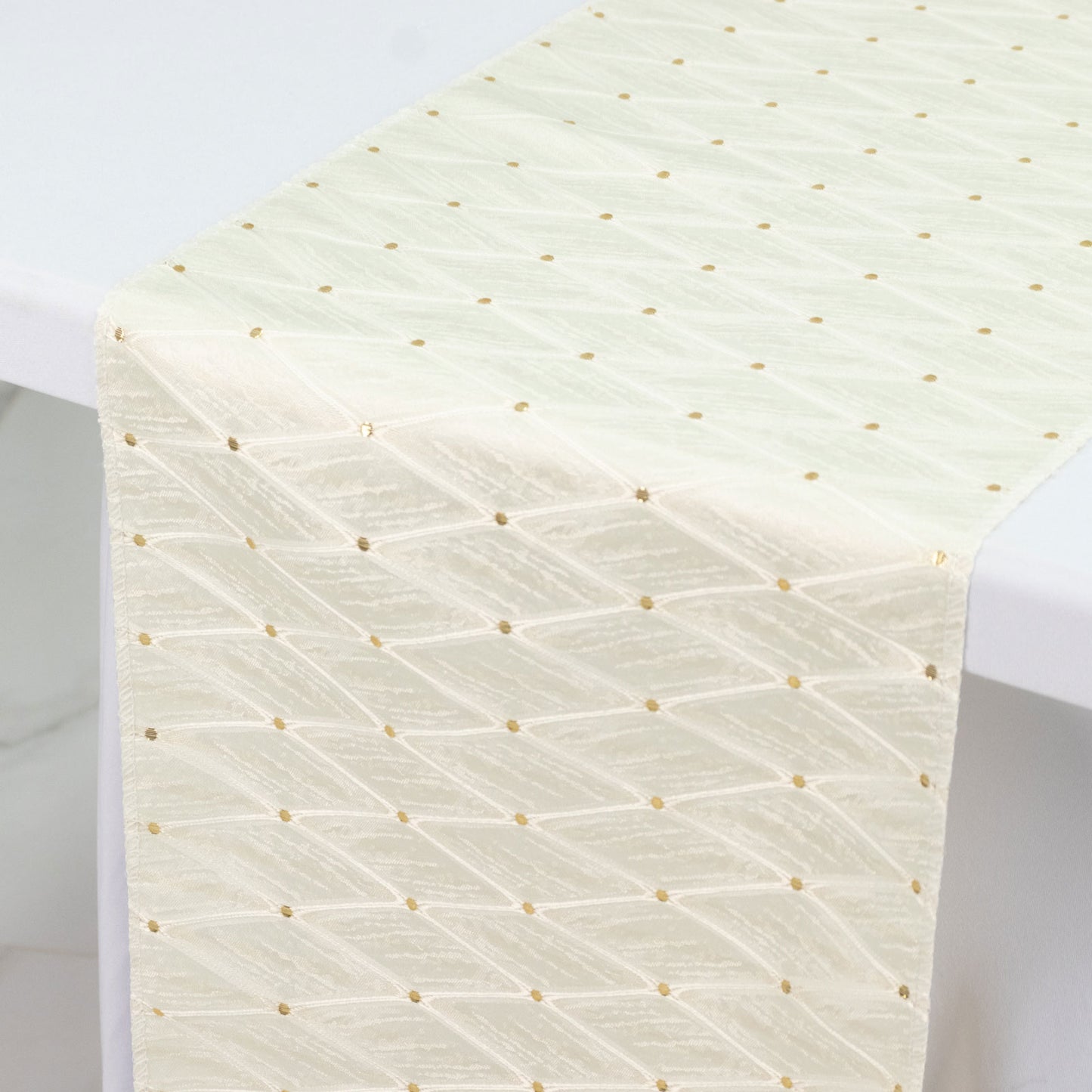 Jacquard Table Runner Ivory, 12"x108" - Diamond Trellis with Gold Accent Dots