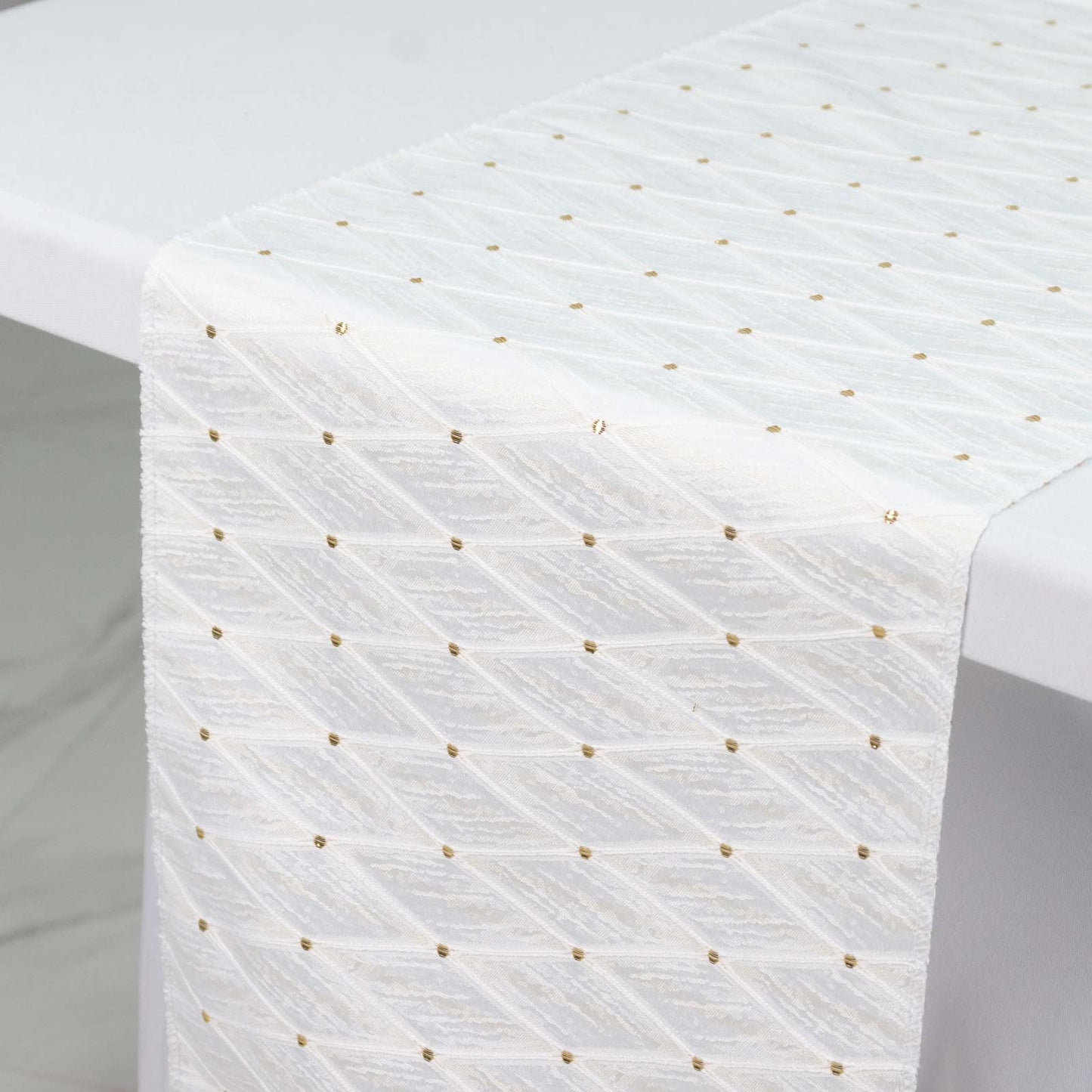 Jacquard Table Runner White, 12"x108" - Diamond Trellis with Gold Accent Dots