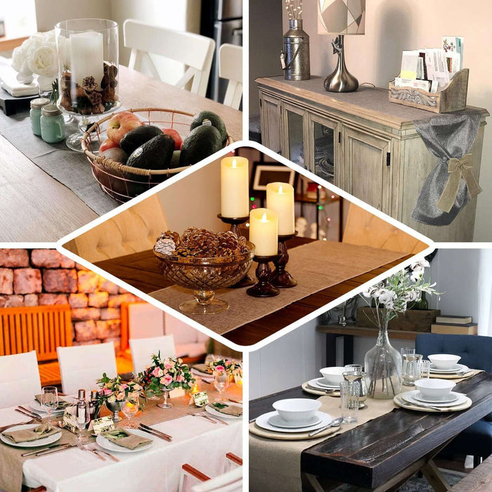 Natural rustic burlap table runner for elegant dining decor.