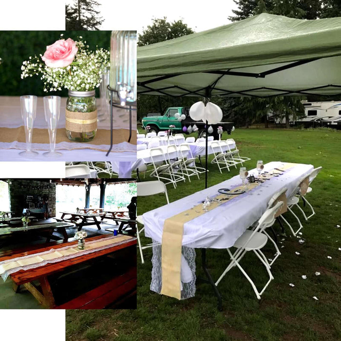 16"x108" Natural Jute Burlap Table Runner With White Lace Edges