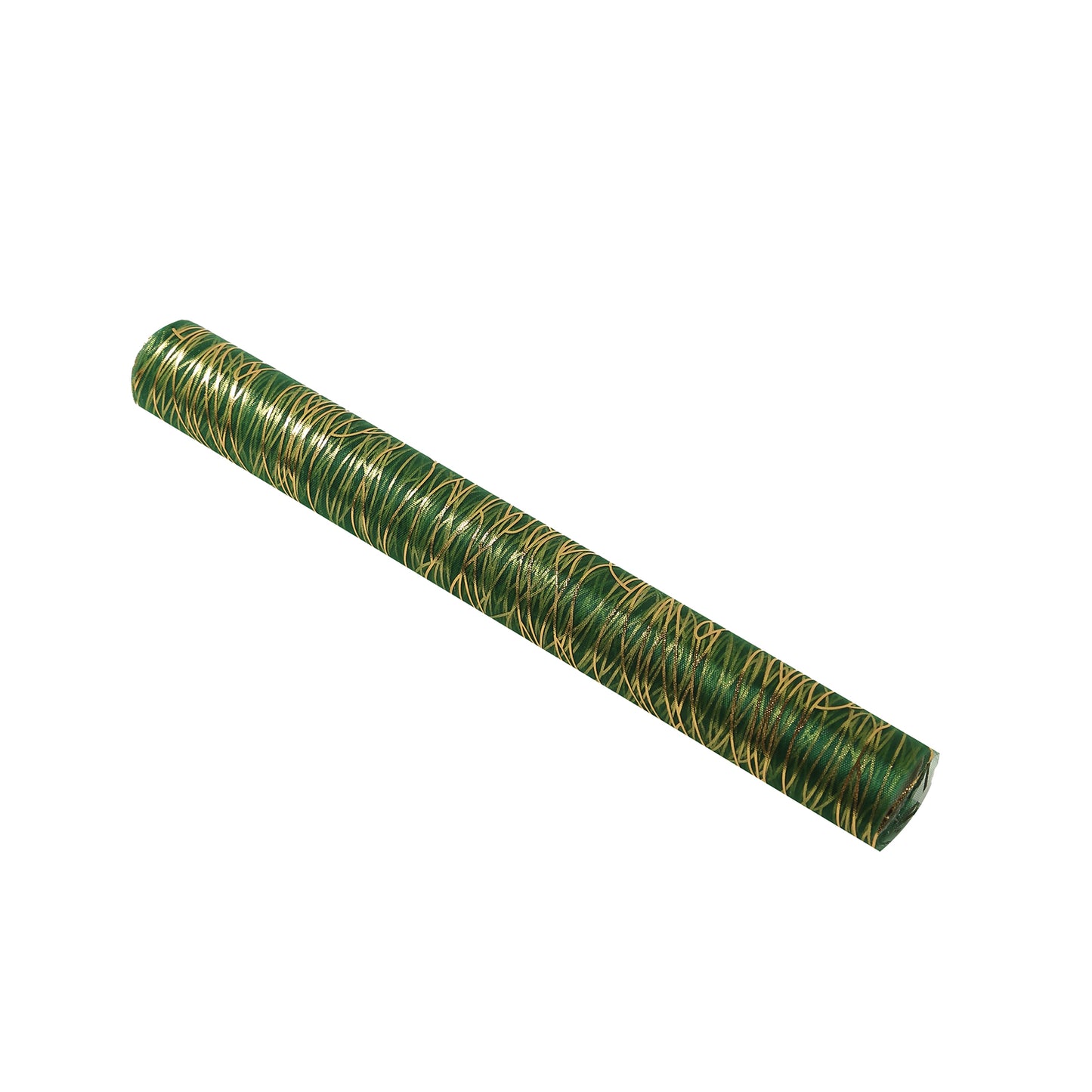Emerald green mesh organza table runner with gold foil pattern.