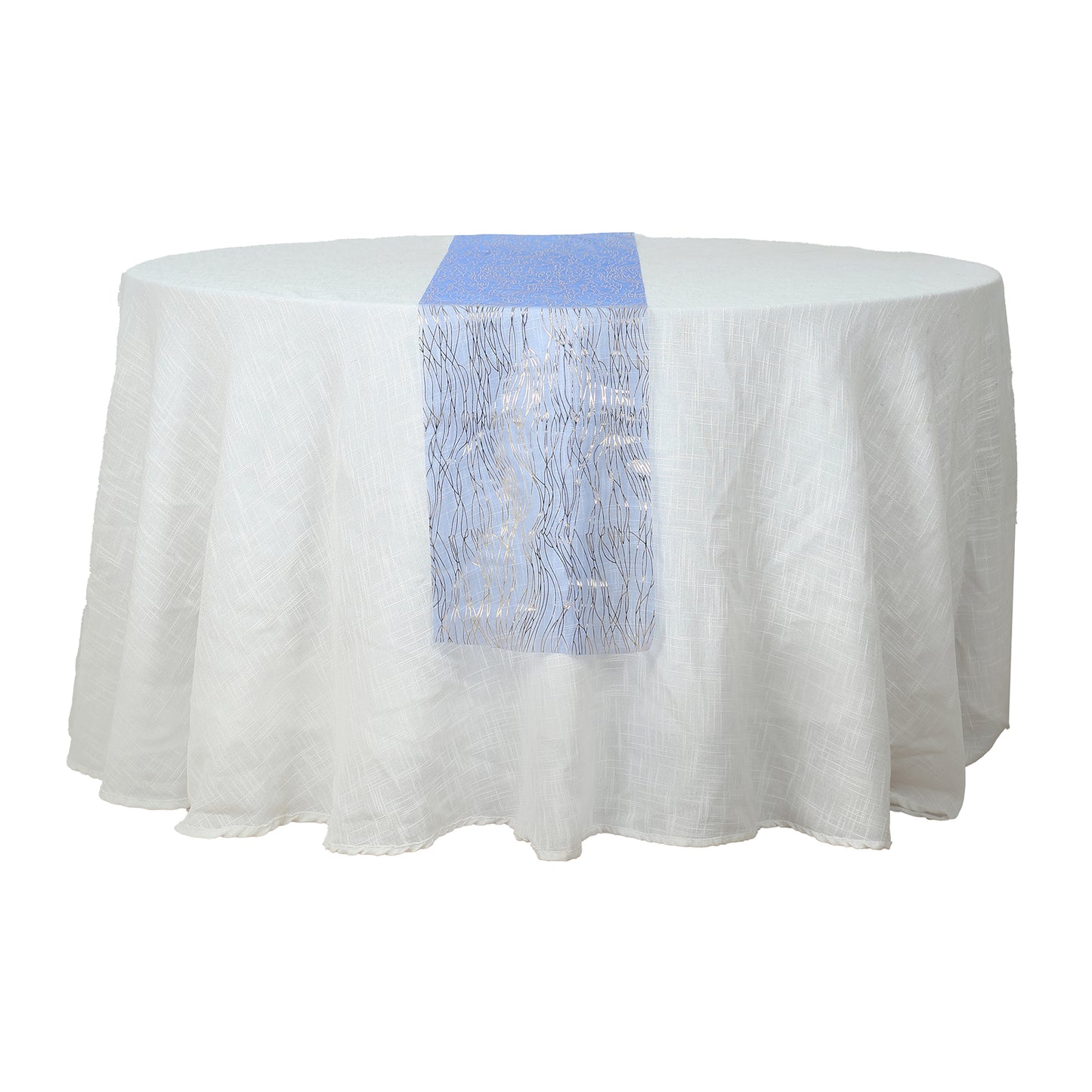 Royal blue mesh organza table runner with gold foil wave pattern on white tablecloth.