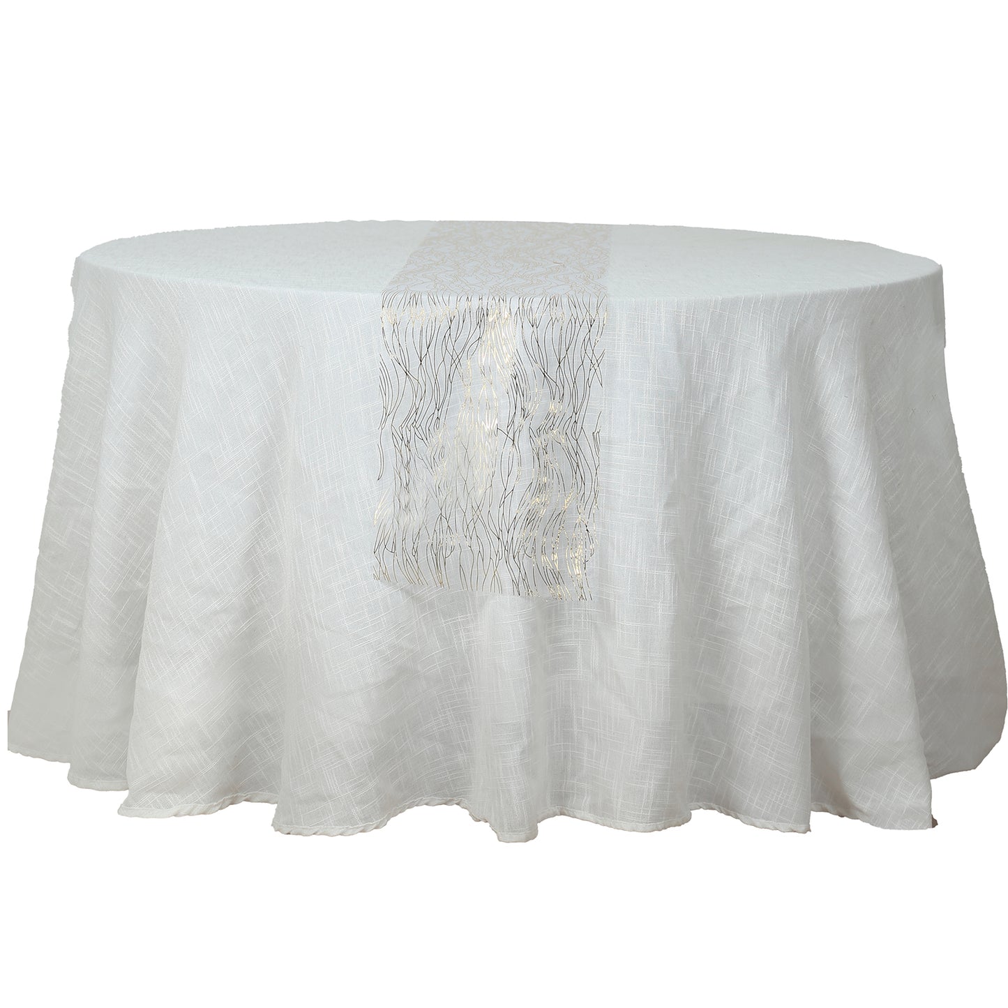 5 Pack White Mesh Organza Disposable Table Runners with Gold Foil Water Wave Pattern - 12"x108"