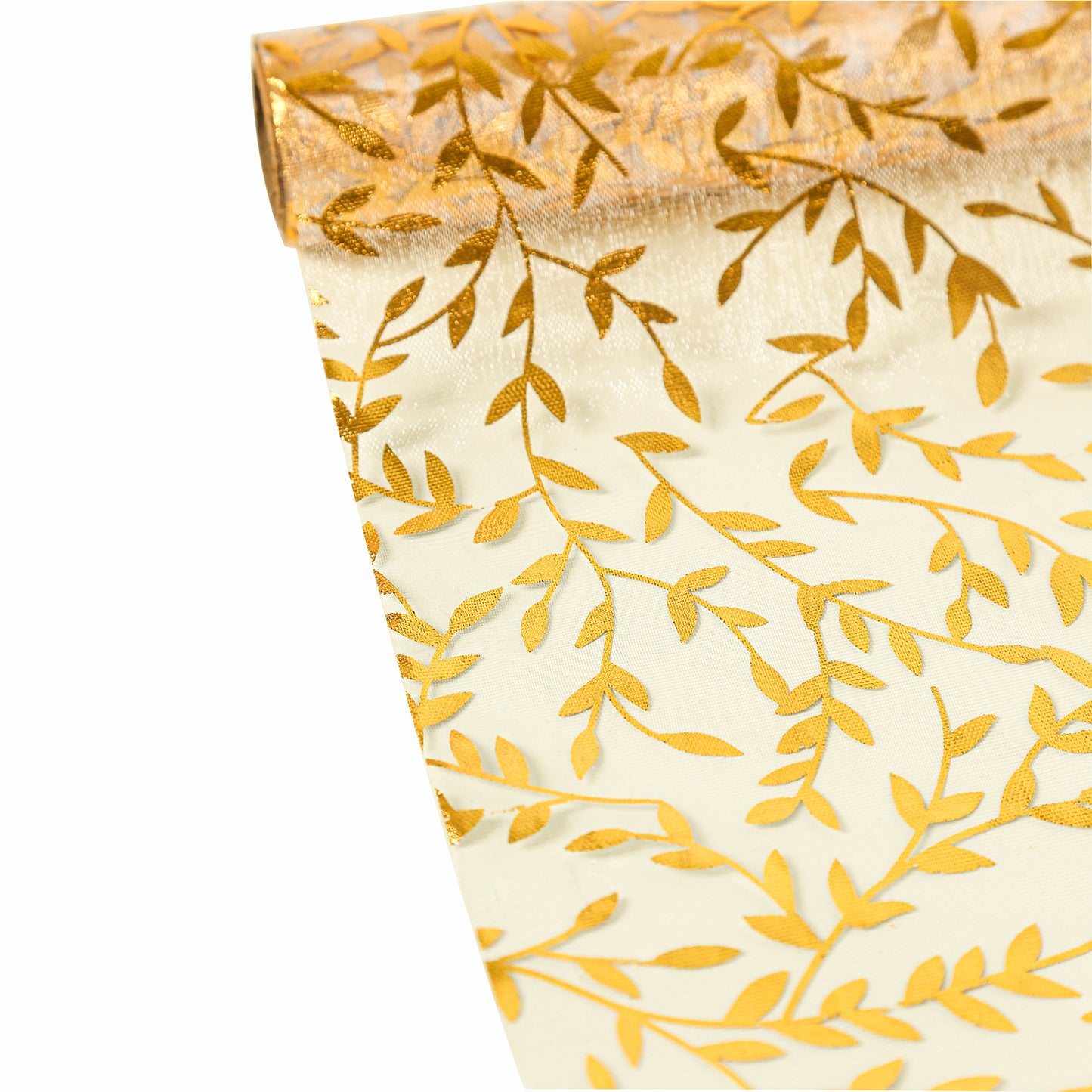 5 Pack White Mesh Organza Floral Disposable Table Runners with Gold Foil Leaf Vines - 11"x108"