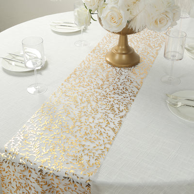White Mesh Organza Floral Table Runners with Gold Foil Leaf Vines White Mesh Organza Floral Table Runners with Gold Foil Leaf Vines