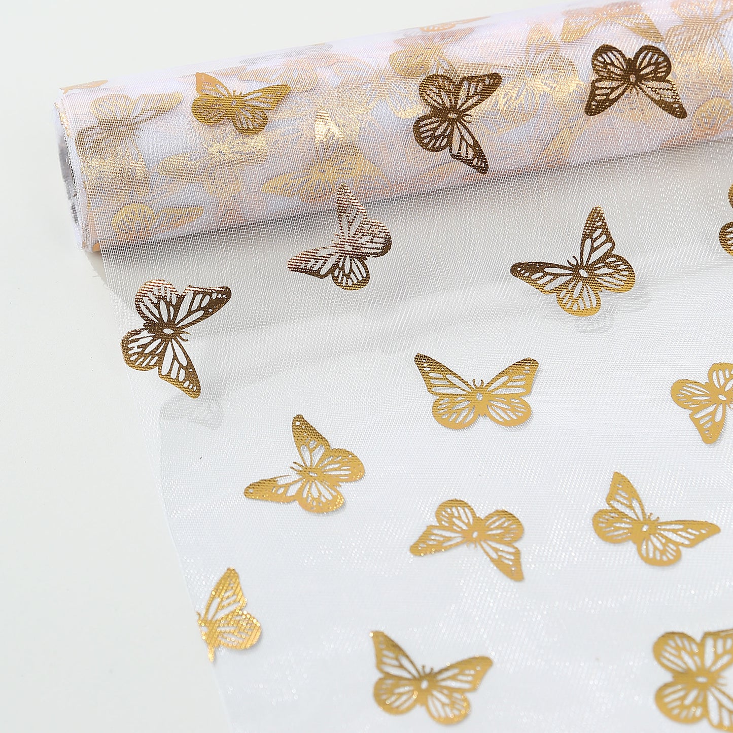 5 Pack White Sheer Organza Disposable Table Runners with Metallic Gold Foil Butterfly Motifs - 11"x108"