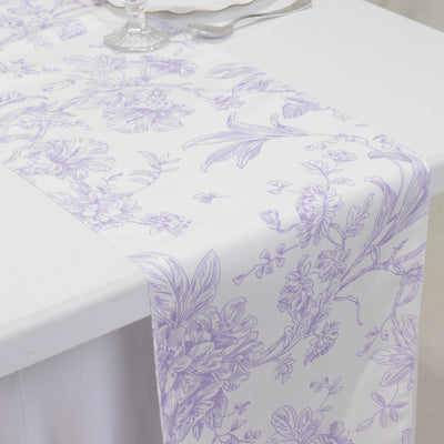 White with Lavender French Toile Floral Print Polyester Table Runner 12"x108" White with Lavender French Toile Floral Print Polyester Table Runner 12"x108"