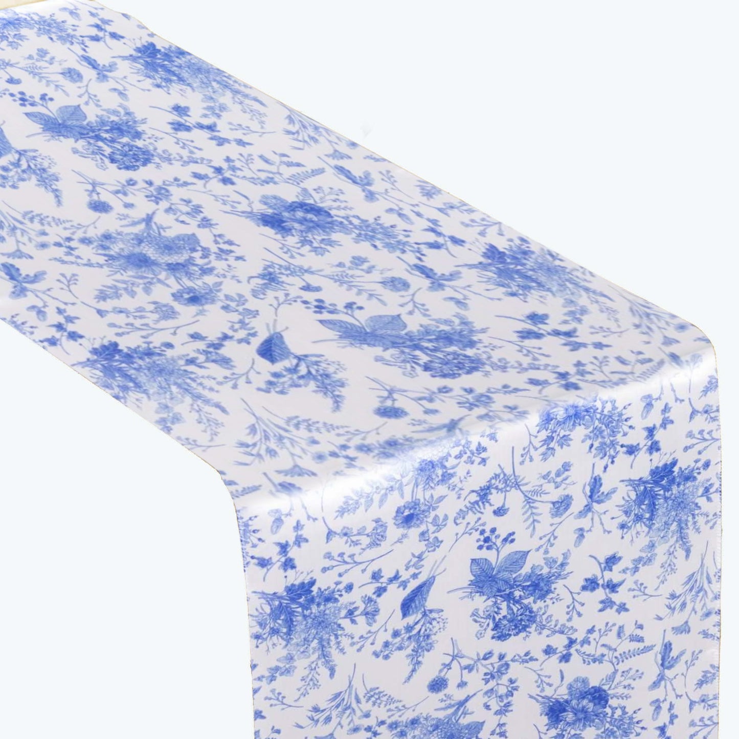 12"x108" White Blue Satin Table Runner in French Toile Floral Pattern