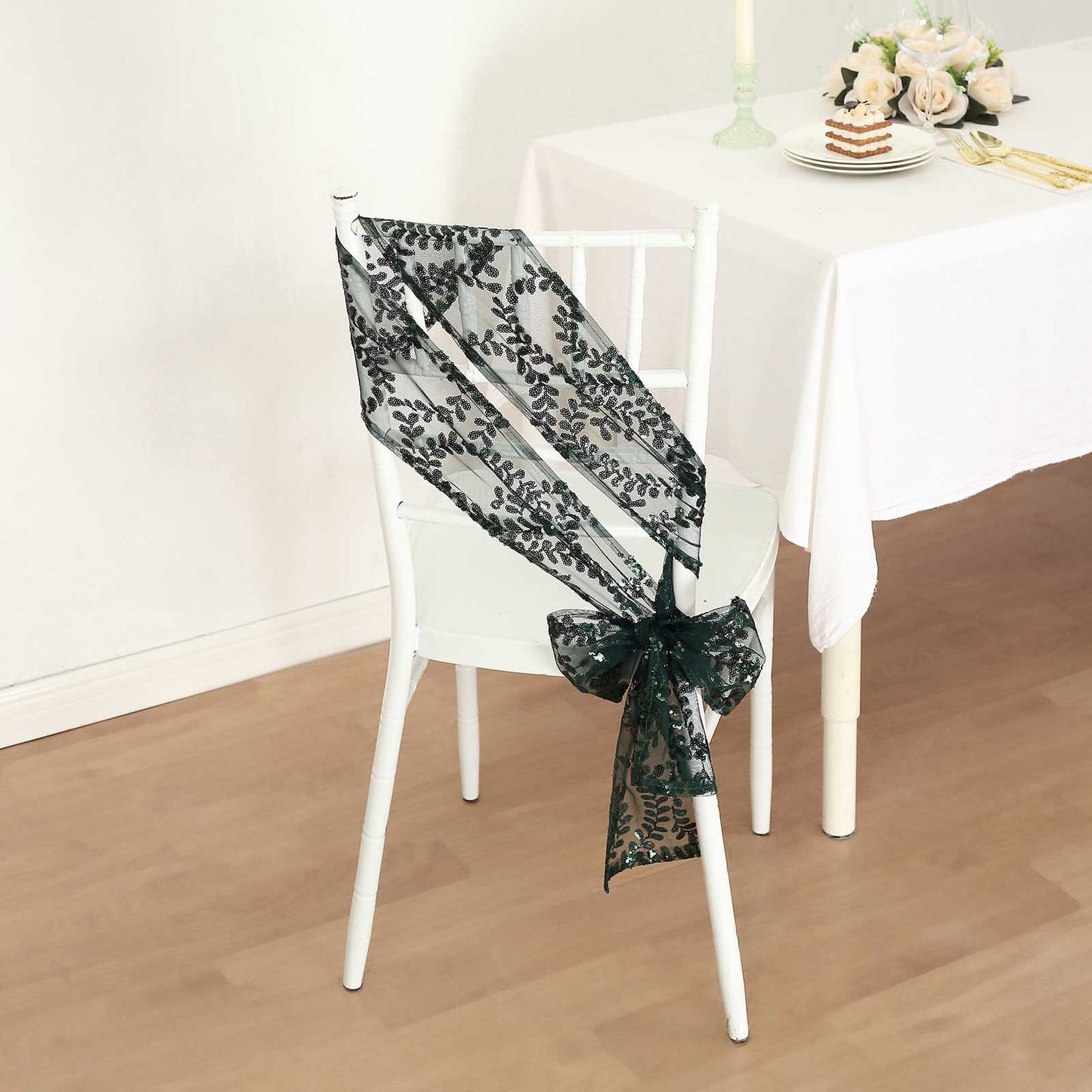 5 Pack Hunter Emerald Green Tulle Wedding Chair Sashes with Leaf Vine Embroidered Sequins - 6"x88"