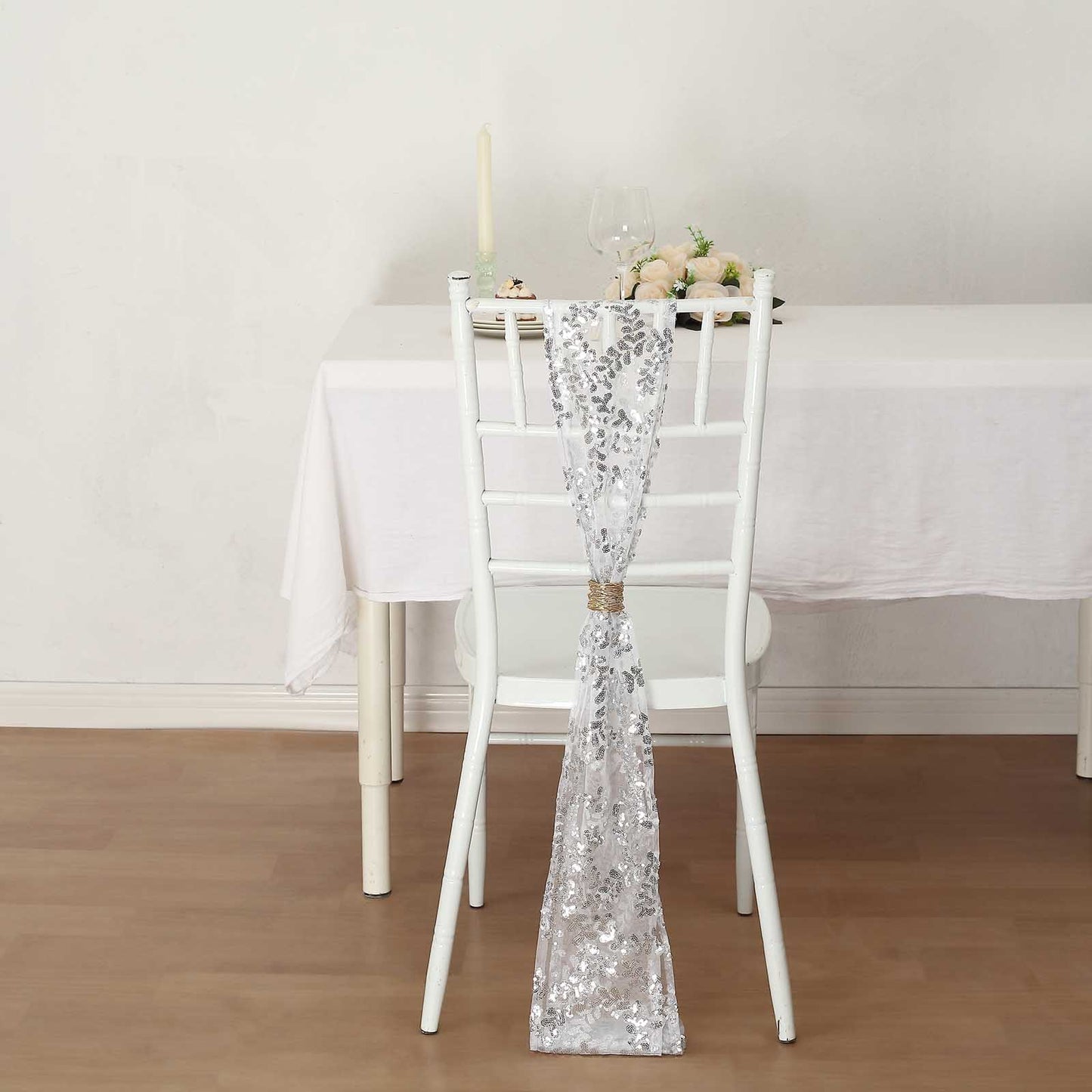 5 Pack Silver Tulle Wedding Chair Sashes with Leaf Vine Embroidered Sequins - 6"x88"