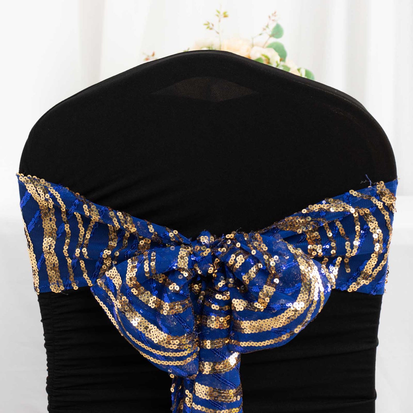 5 Pack 6"x88" Royal Blue Gold Wave Embroidered Sequin Mesh Chair Sashes