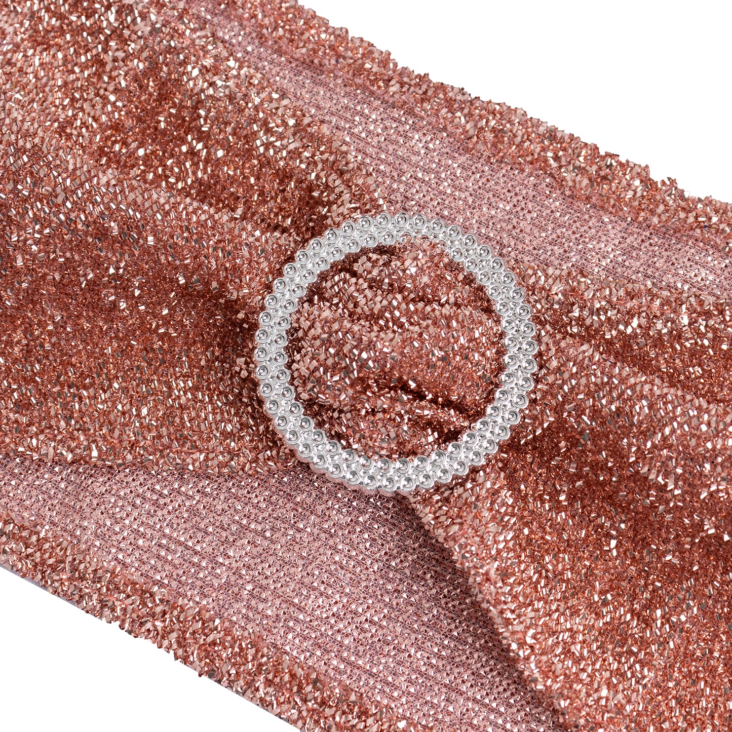 Rose gold shimmer tinsel spandex stretch chair sash with silver rhinestone buckle.