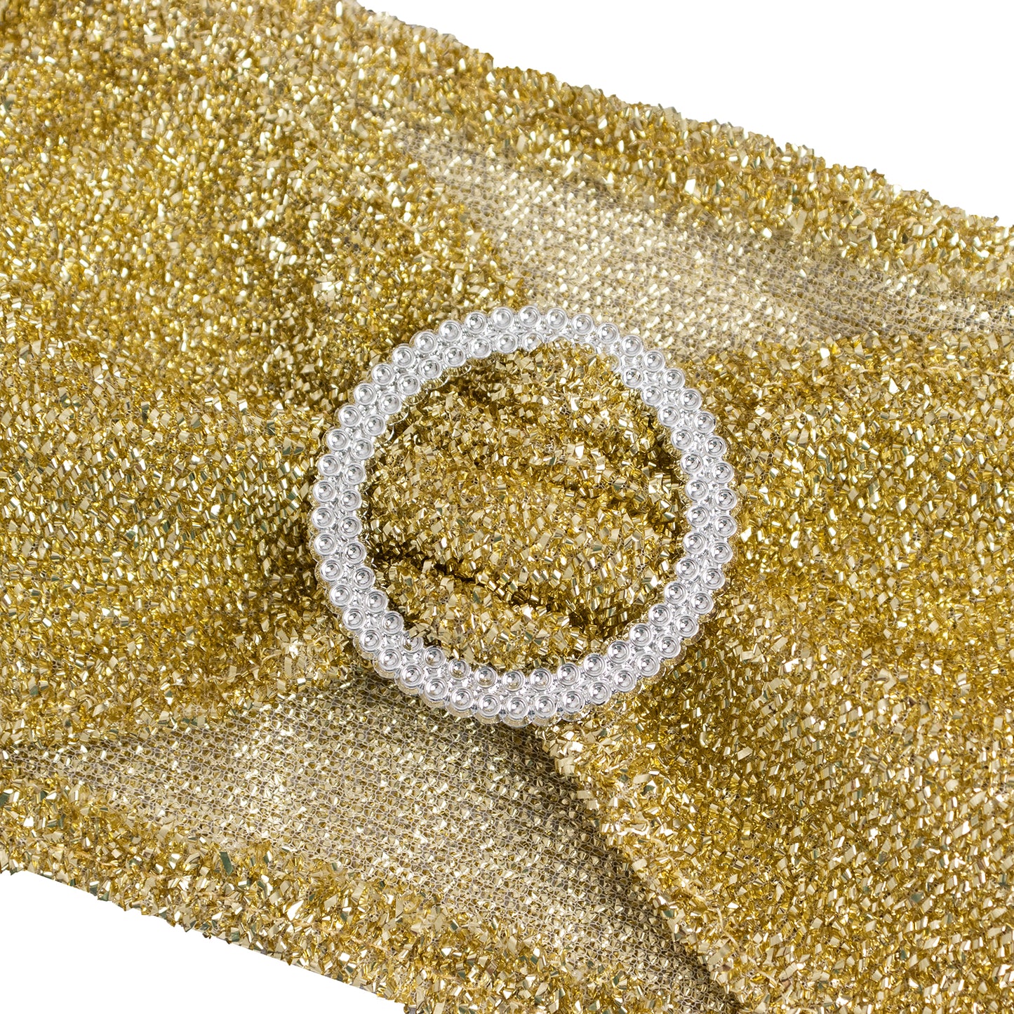 Champagne shimmer tinsel spandex stretch chair sash with silver rhinestone buckle.
