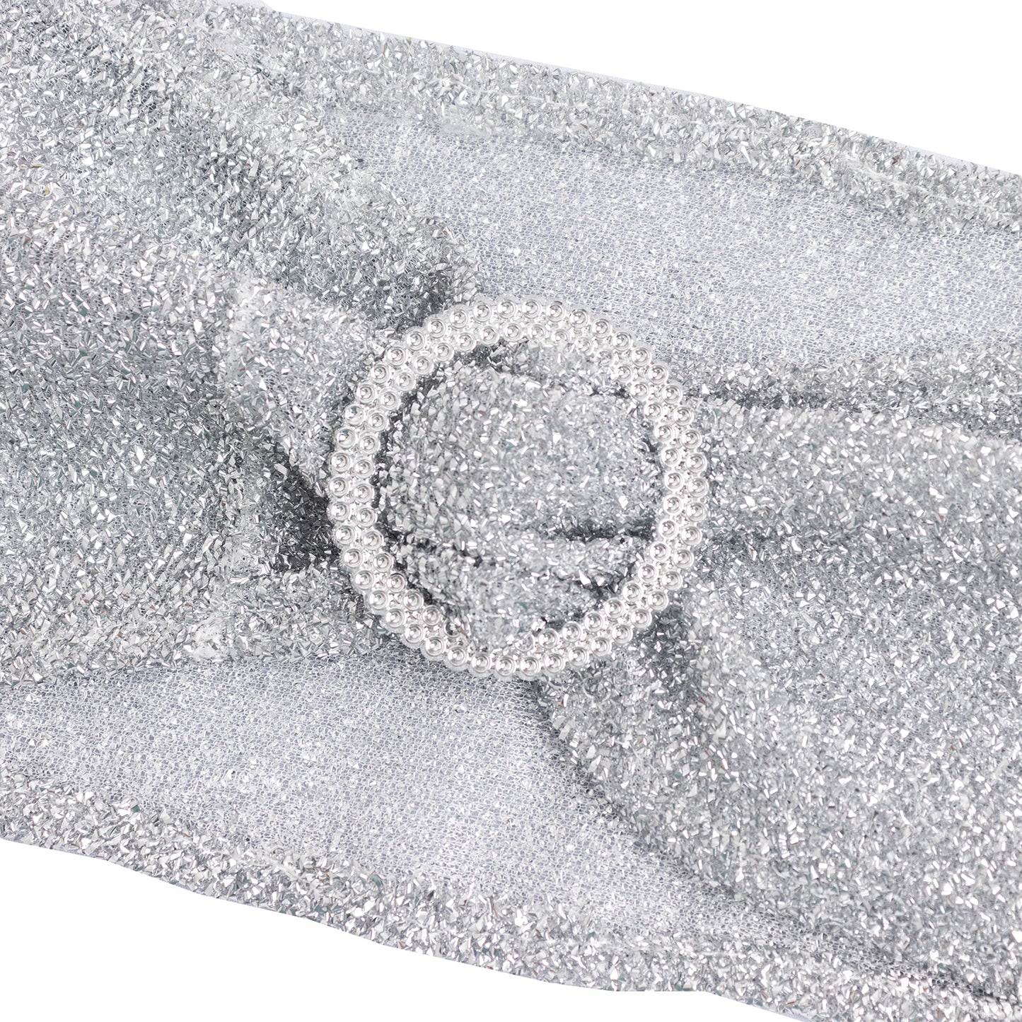 Silver shimmer tinsel spandex stretch chair sashes with rhinestone buckles.