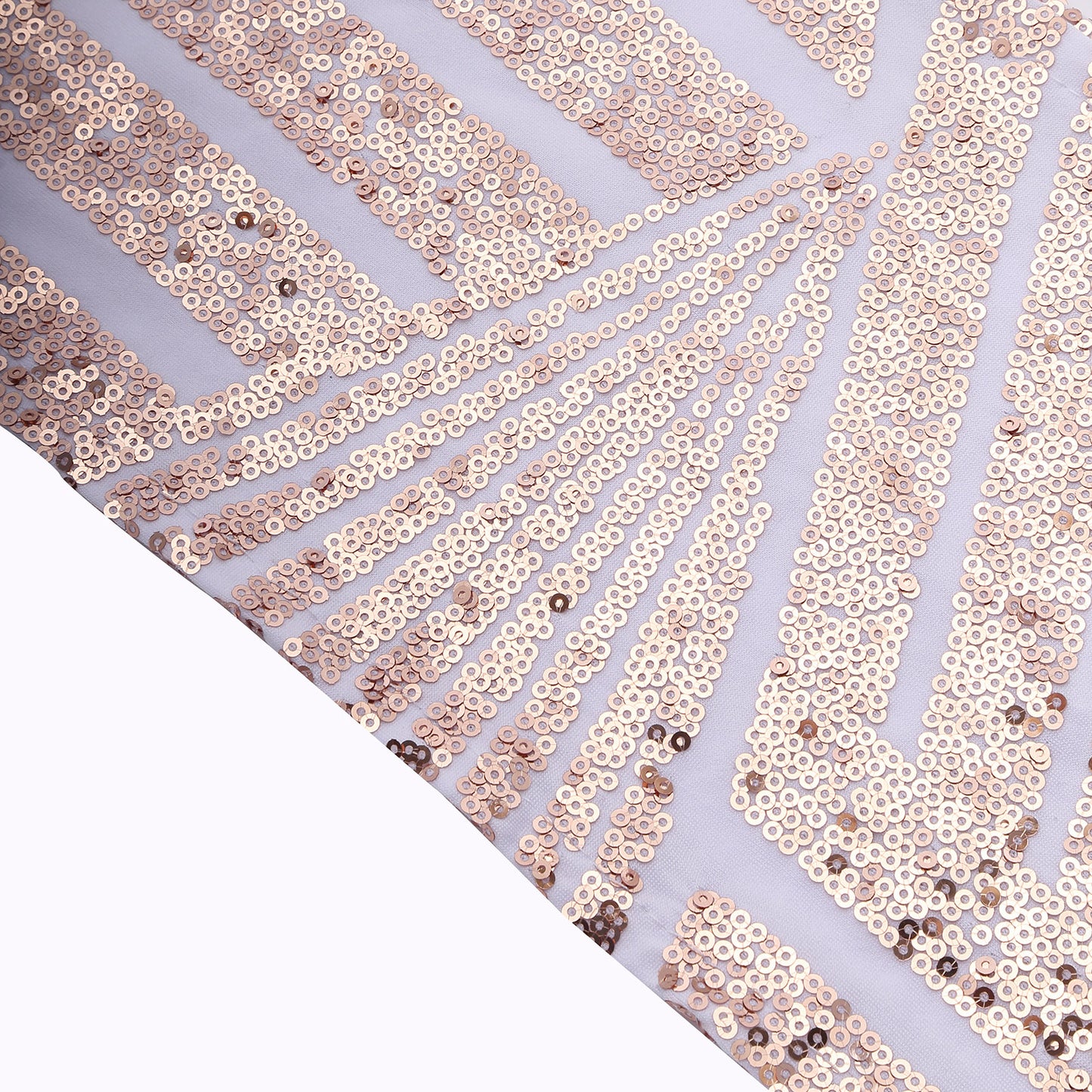 Rose gold sequin chair sash with geometric design on white spandex.