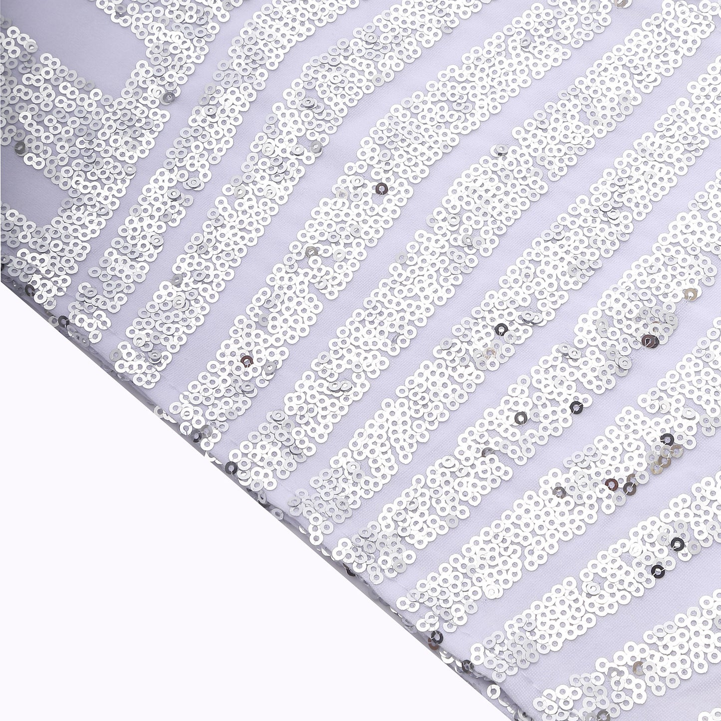 Silver sequin chair sash bands with geometric pattern.