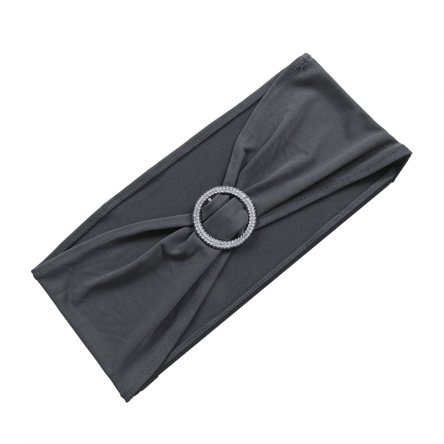 5 Pack Of Charcoal Gray Spandex Stretch Chair Sashes 5 Inch x 14 Inch With Silver Diamond Ring Slide Buckle