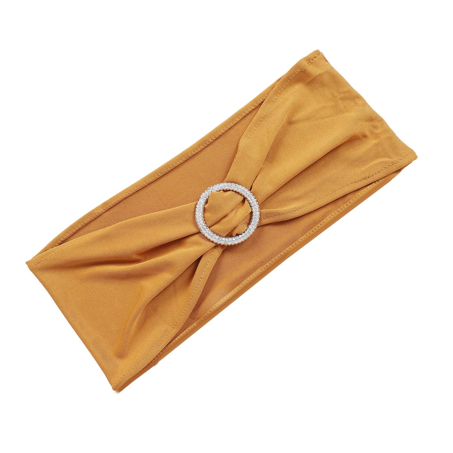 5 Pack Of Gold Spandex Stretch Chair Sashes 5 Inch x 14 Inch With Silver Diamond Ring Slide Buckle