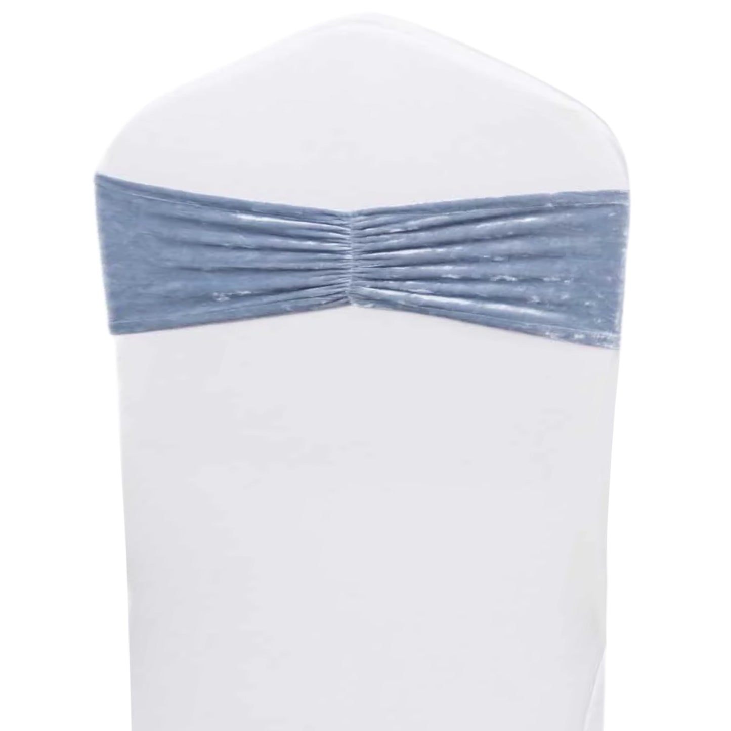 Dusty blue crushed velvet chair sash on a white chair. #whtbkgd