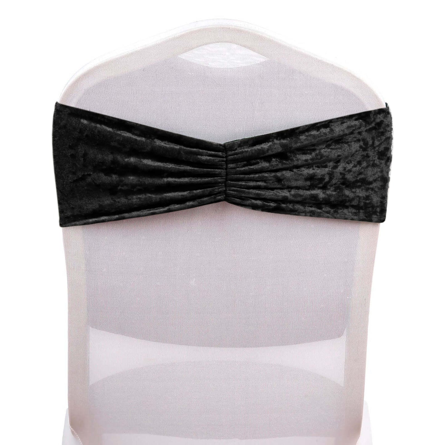 Black crushed velvet chair sash with ruffle style for elegant event decor. #whtbkgd