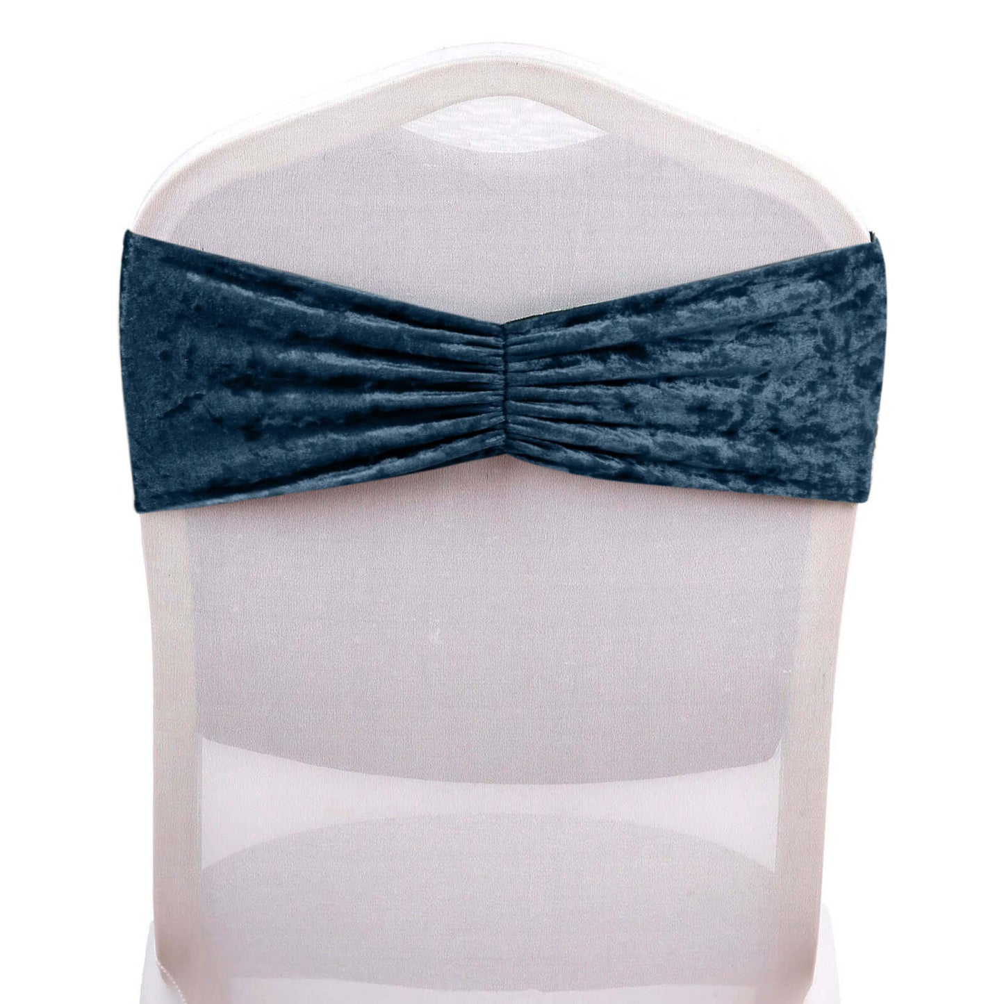 Navy blue crushed velvet chair sash with ruffle style for elegant event decor.