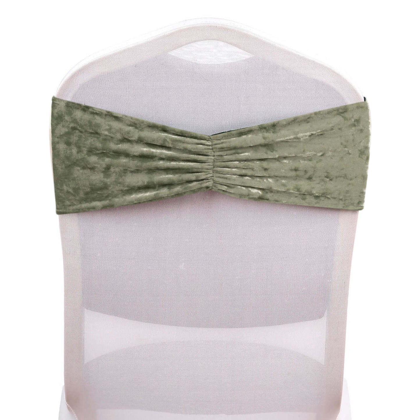 Sage green crushed velvet chair sash with ruffle style on a white chair. #whtbkgd