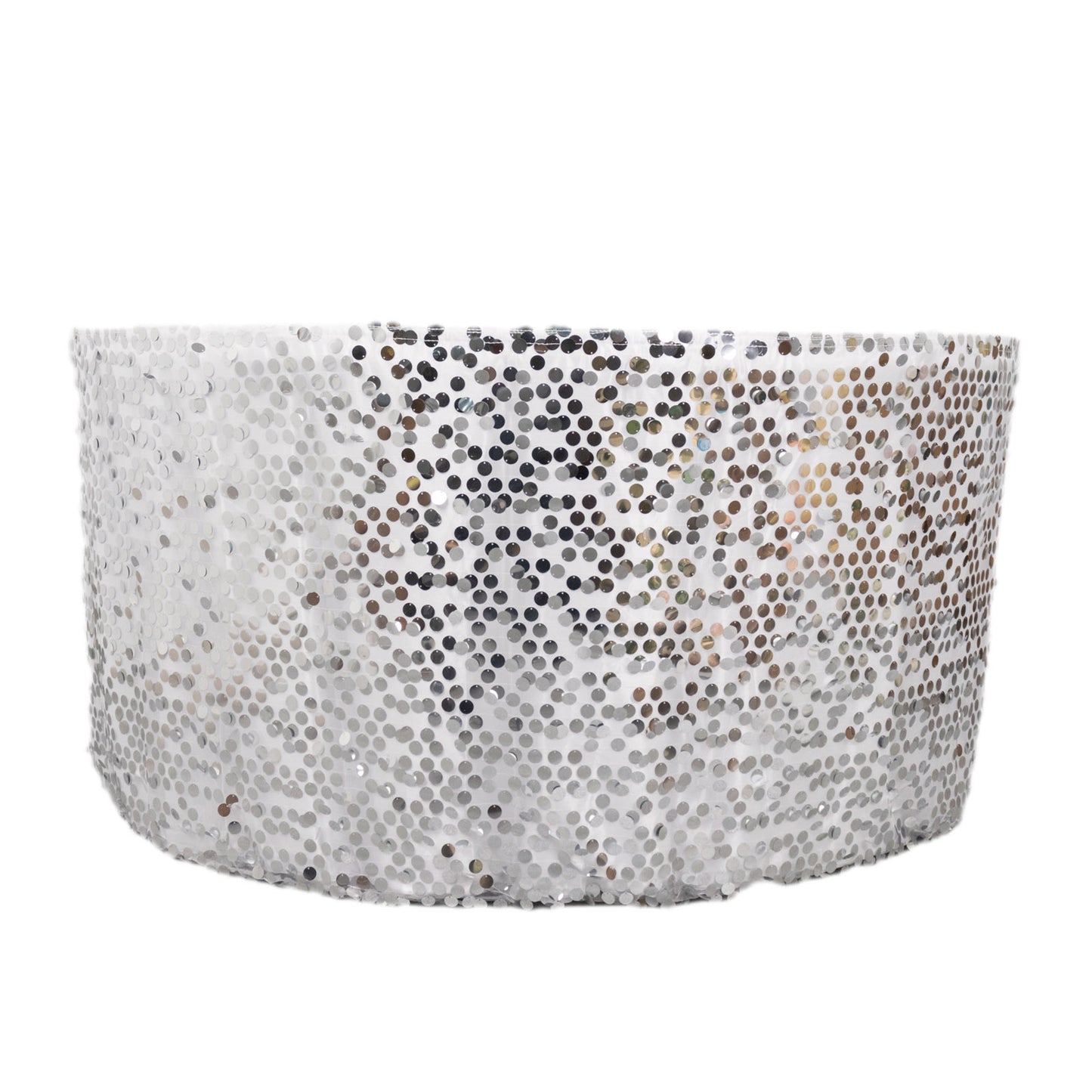 Silver sequin table skirt with dual layered satin finish, 21ft long.