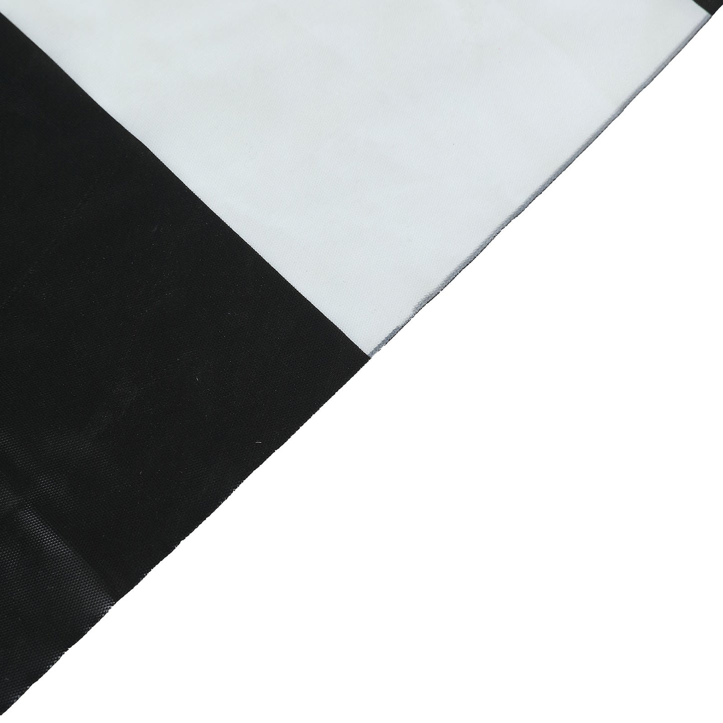 White and black disposable table skirt, 14FT, spill-proof design.