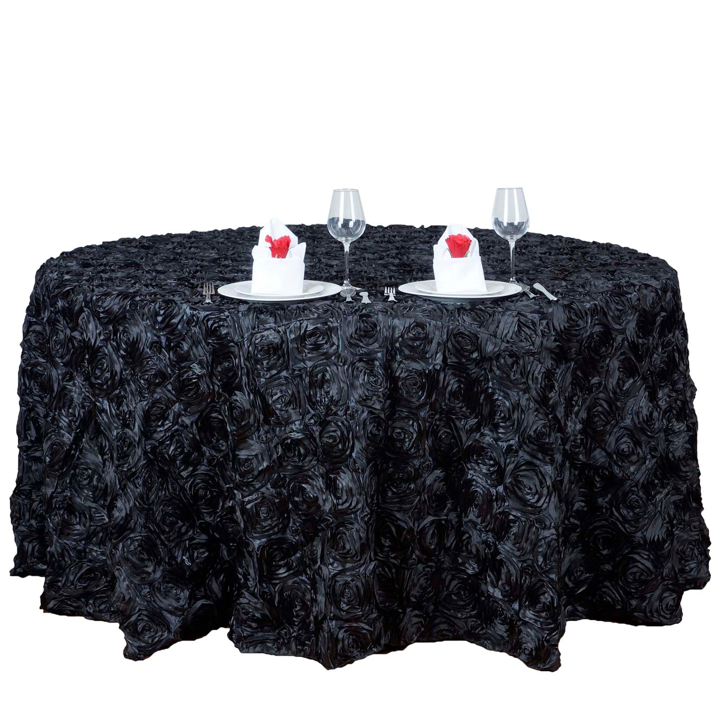 120inch Black Grandiose 3D Rosette Satin Round Tablecloth