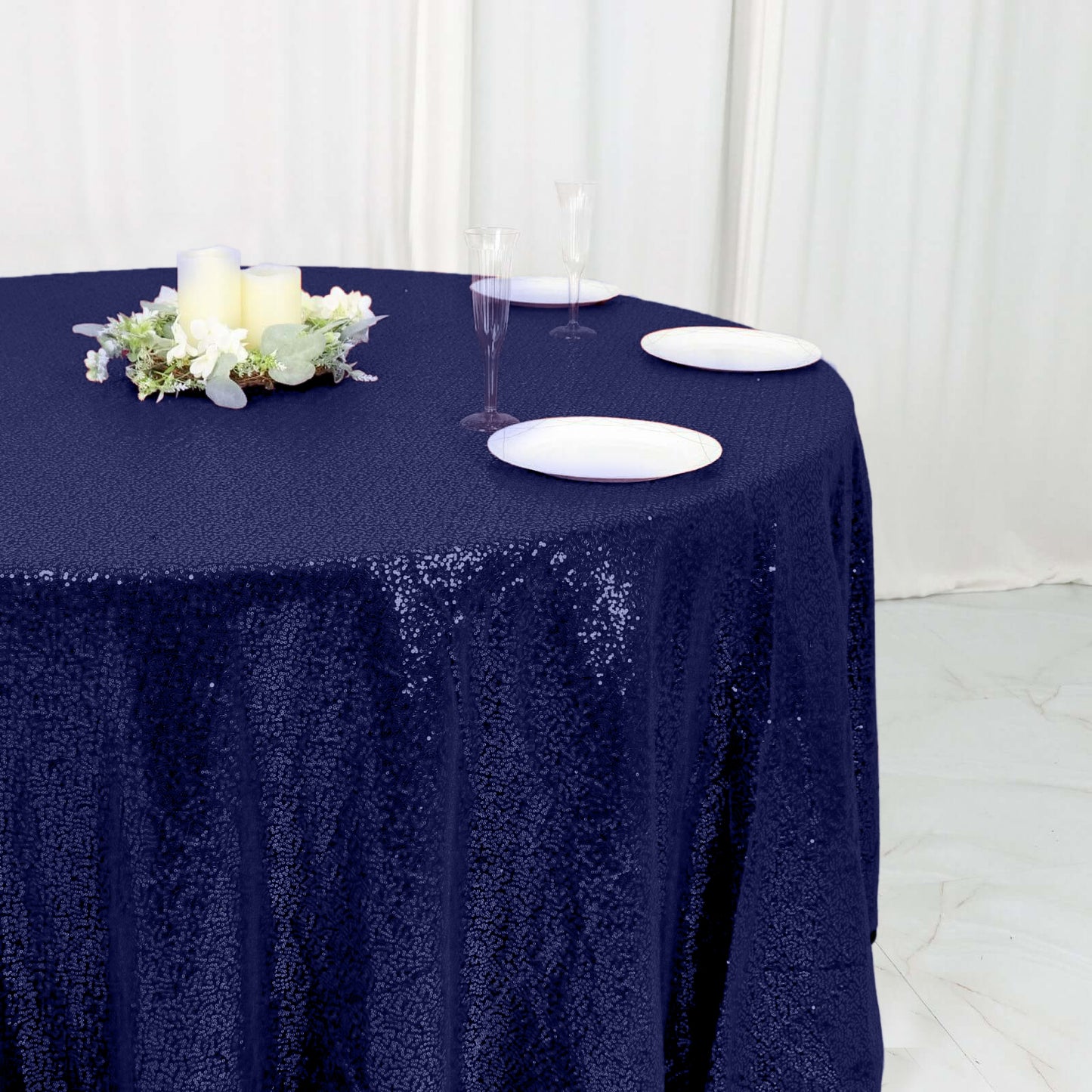 120" Navy Blue Seamless Sequin Round Tablecloth