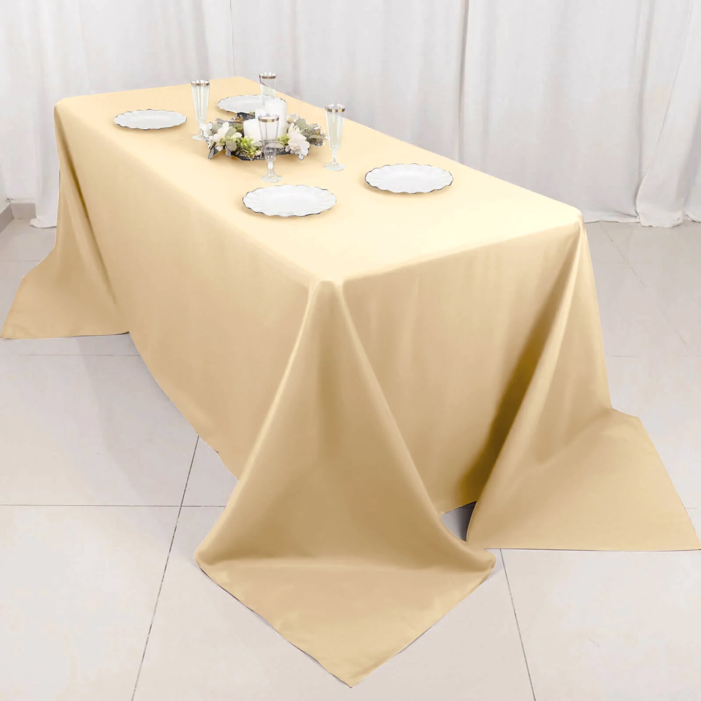 Beige Polyester 90 Inch x 132 Inch Rectangular Tablecloth