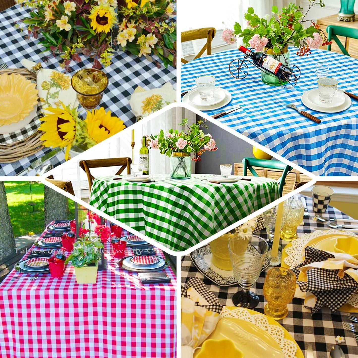 54"x54" white and black buffalo plaid square overlay on various tables.