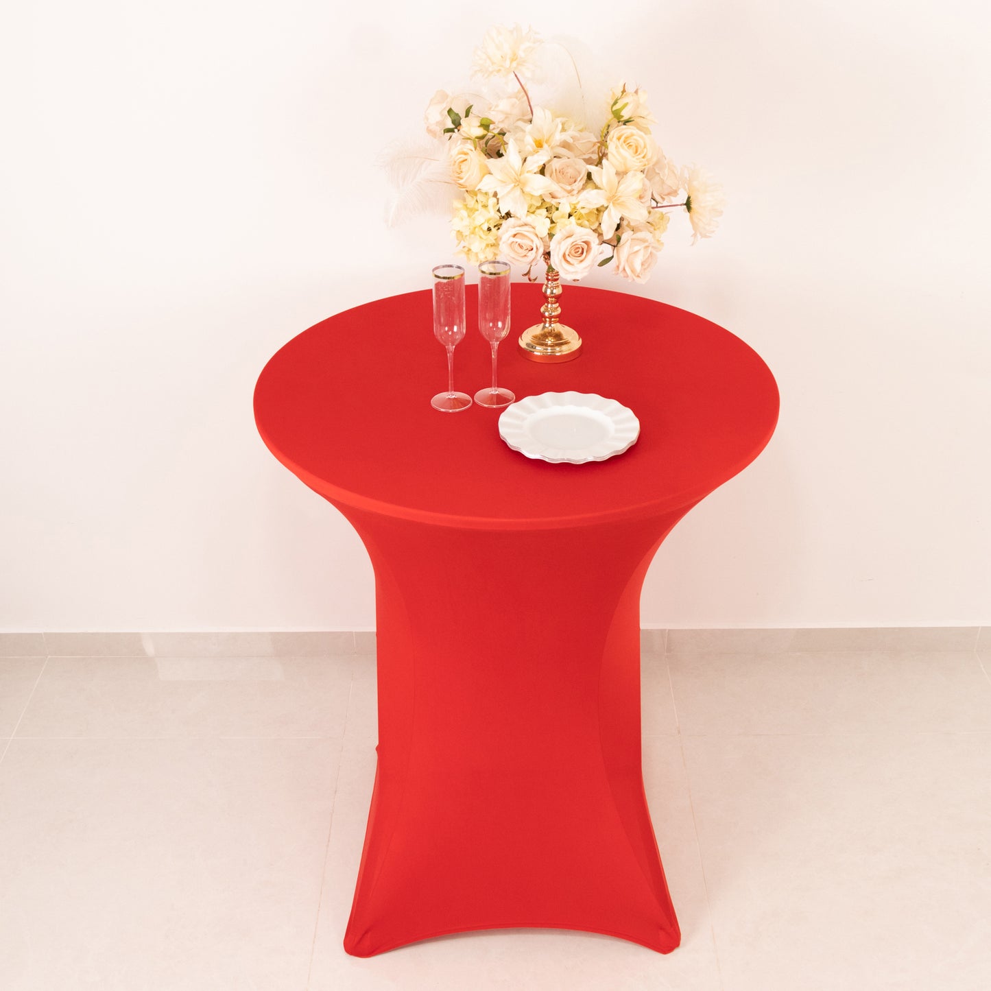 Spandex 36" Round Cocktail Table Cover Red - Easy to Maintain Stretch Fitted Highboy Tablecloth