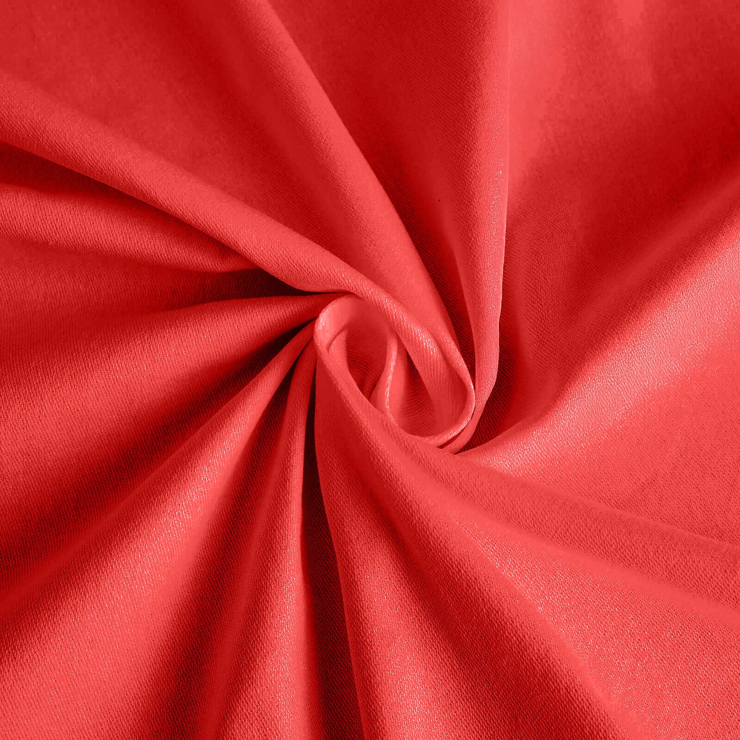 Red cotton blend round tablecloth for a 6-foot table with floor-length drop.