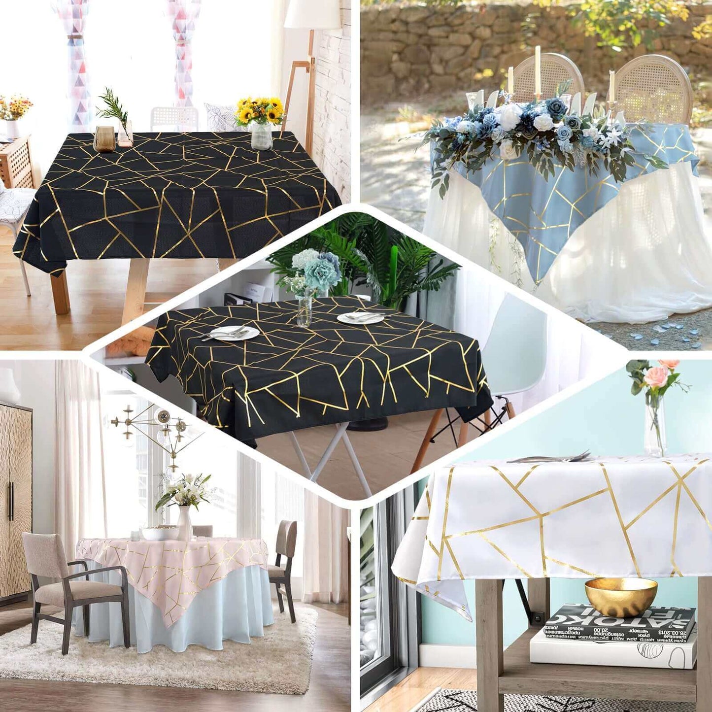 Blush square table overlay with gold foil geometric pattern.