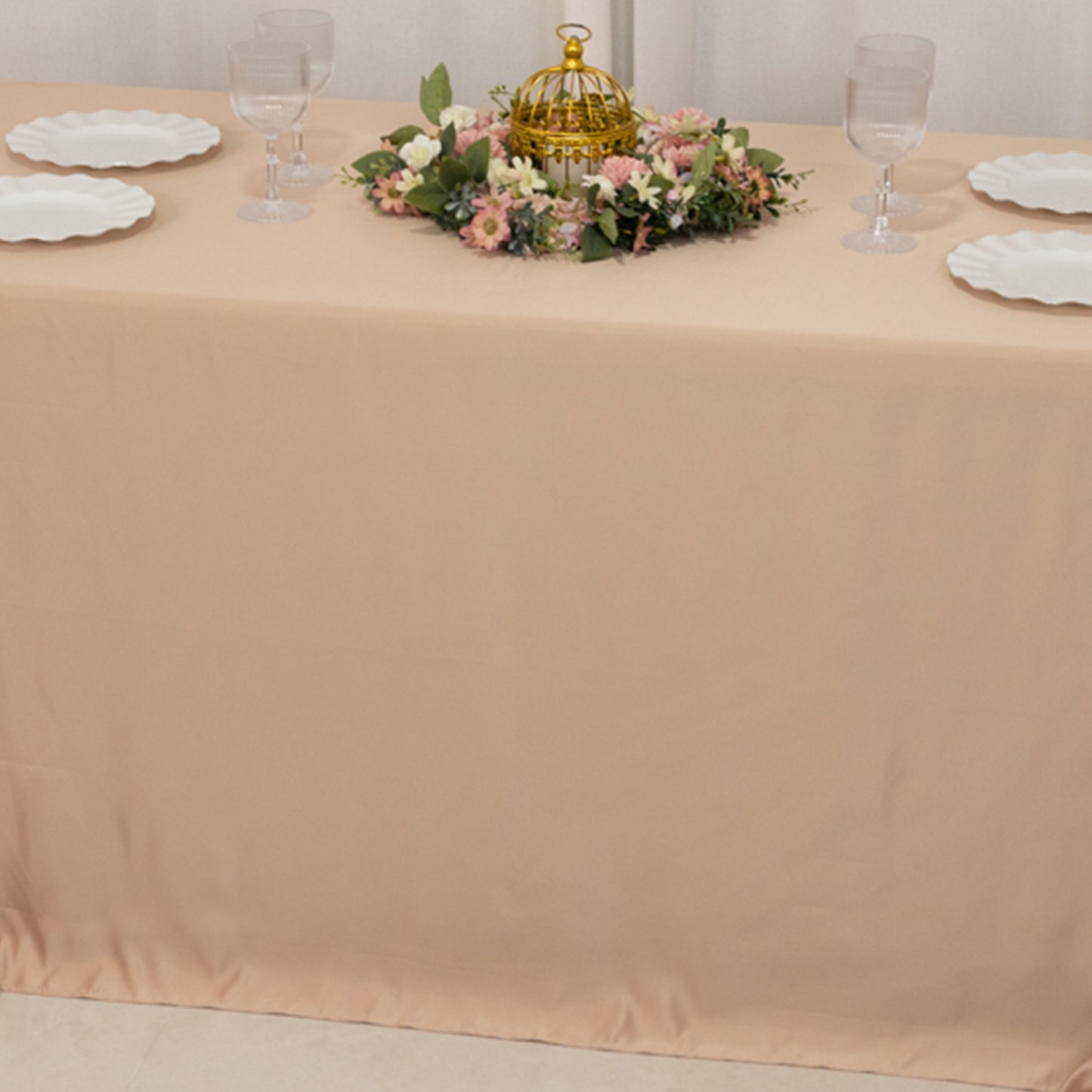 90"x132" Nude Seamless Lamour Satin Rectangle Tablecloth for 6 Foot Table With Floor-Length Drop