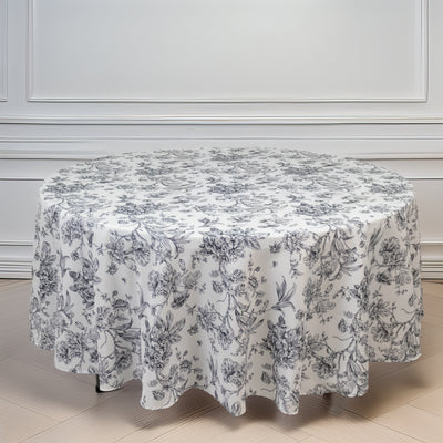 Polyester Round Tablecloth 108" White with Black French Toile Pattern Polyester Round Tablecloth 108" White with Black French Toile Pattern