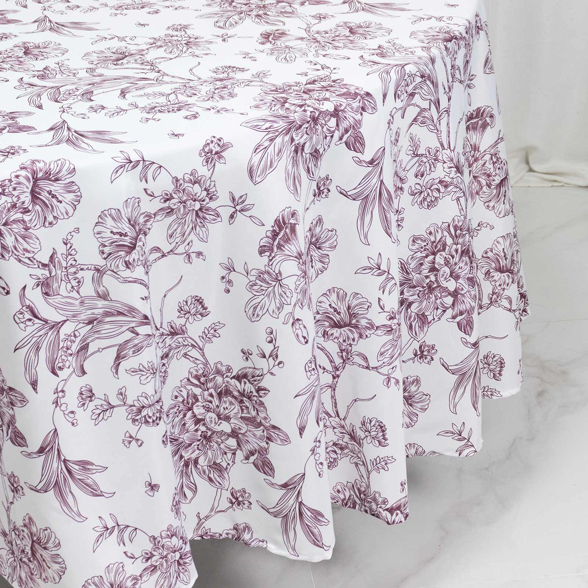 Polyester 108" Round Tablecloth White - Burgundy French Toile Pattern for Chic Weddings