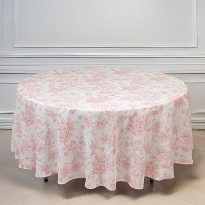 Polyester Round Tablecloth 108" White with Pink French Toile Pattern Polyester Round Tablecloth 108" White with Pink French Toile Pattern