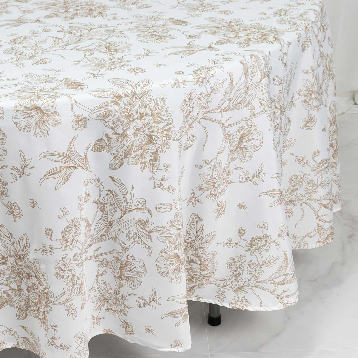 Polyester 108" Round Tablecloth White - Taupe French Toile Pattern for Chic Weddings
