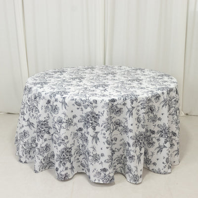 Elegant Style With The 120" White Black Toile Round Polyester Tablecloth Elegant Style With The 120" White Black Toile Round Polyester Tablecloth
